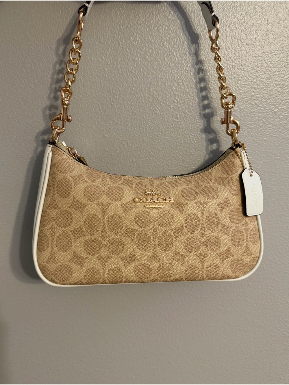 Coach Beige Signature Canvas Shoulder Bag with White Trim and Gold Hardware